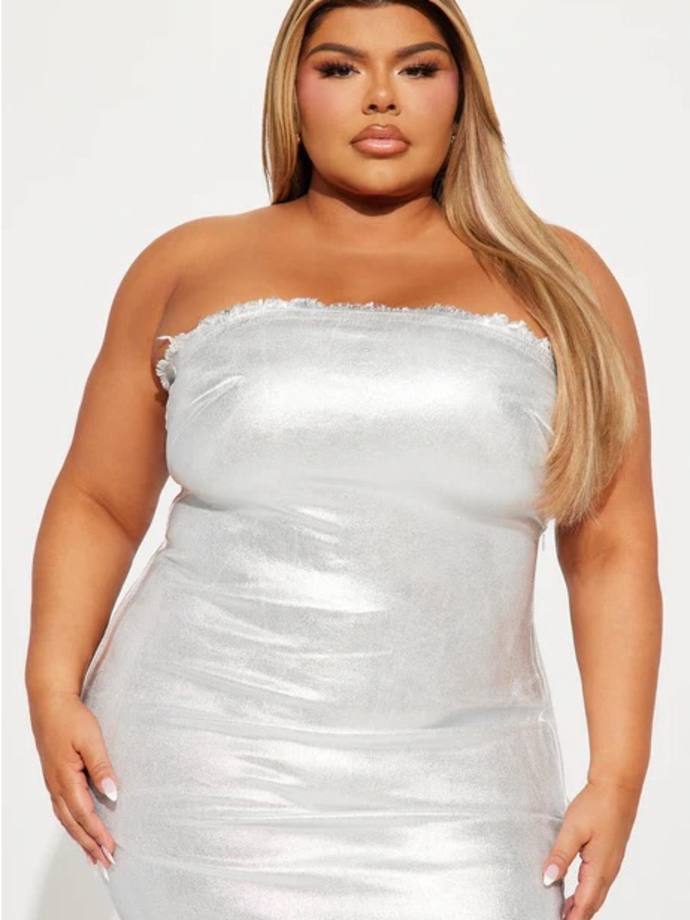 Fashion Nova Silver Strapless Maxi Dress